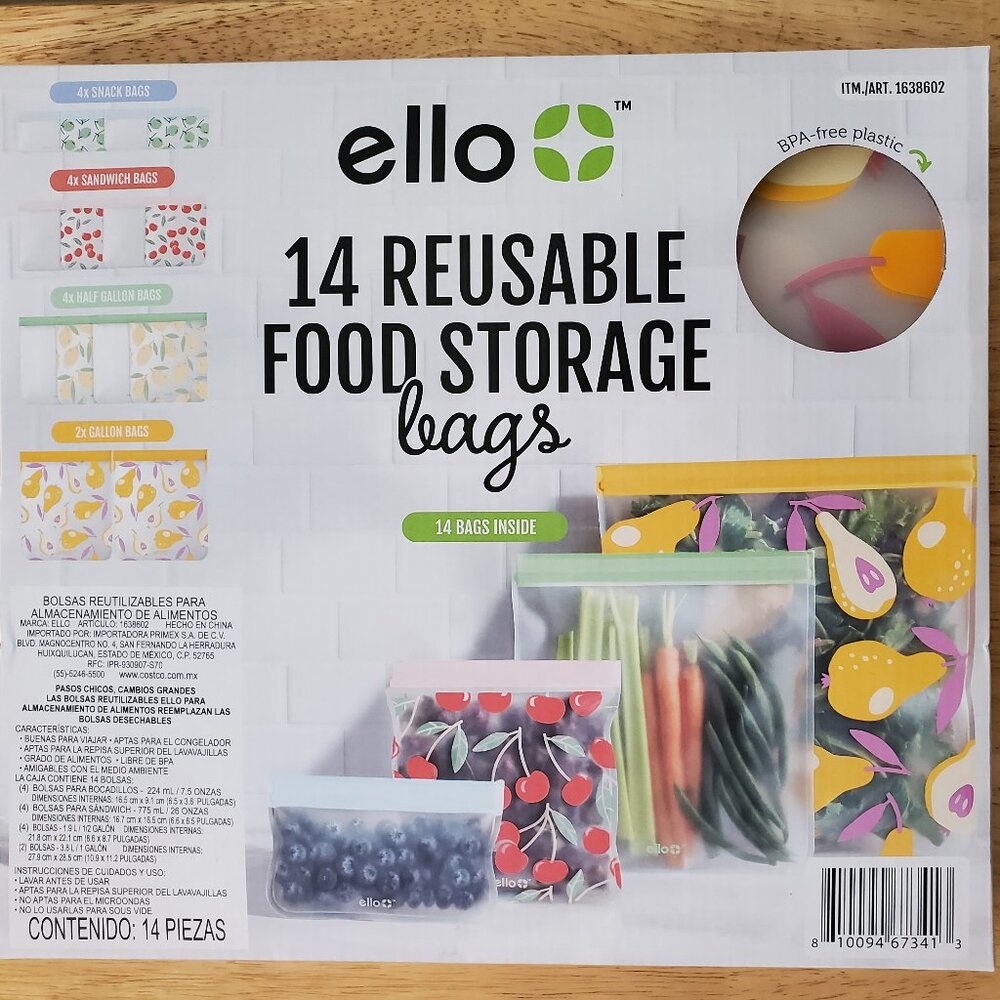 Ello Plastic Reusable Food Storage BPA-Free Bags 14 Pack - New